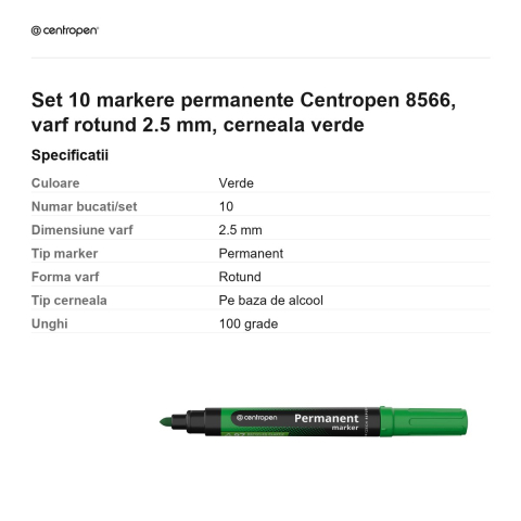Set 10 markere permanente Centropen 8566, varf rotund 2.5 mm, cerneala verde [2]