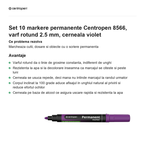 Set 10 markere permanente Centropen 8566, varf rotund 2.5 mm, cerneala violet [1]