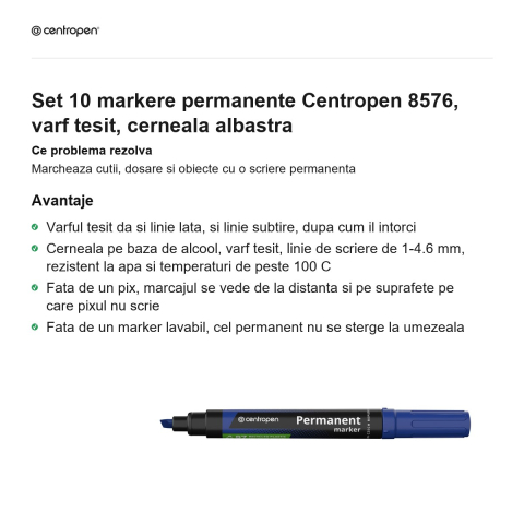Set 10 markere permanente Centropen 8576, varf tesit, cerneala albastra [1]