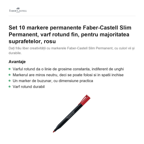 Set 10 markere permanente Faber-Castell Slim Permanent, varf rotund fin, pentru majoritatea suprafetelor, rosu [1]
