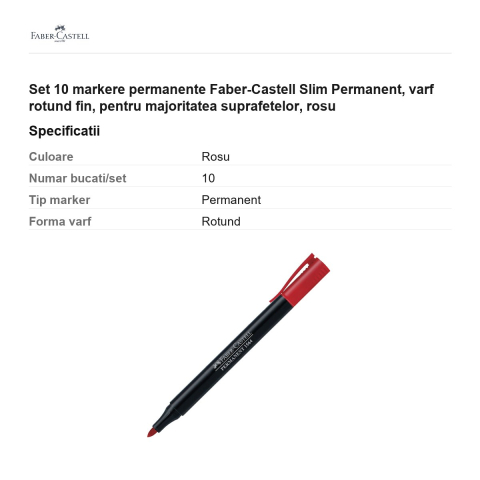 Set 10 markere permanente Faber-Castell Slim Permanent, varf rotund fin, pentru majoritatea suprafetelor, rosu [2]