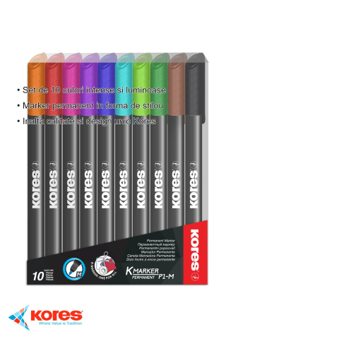 Set 10 markere permanente Kores, varf 1mm, culori intense, pentru toate suprafetele [2]