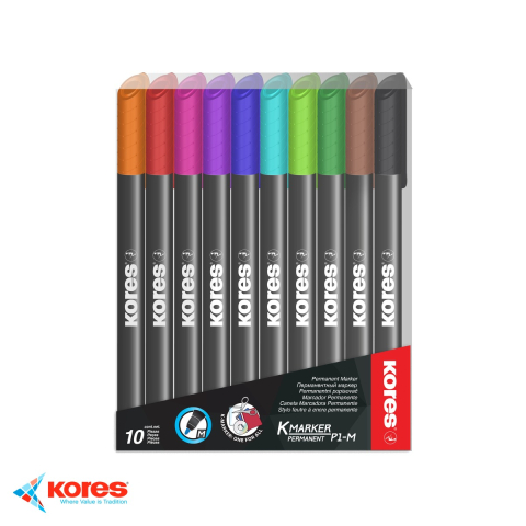 Instrumente de scris - Set 10 markere permanente Kores, varf 1mm, culori intense, pentru toate suprafetele