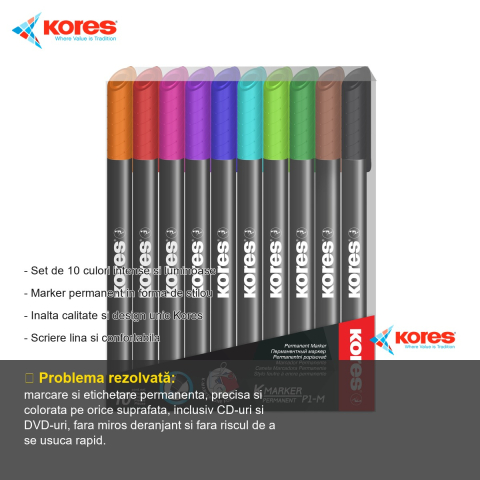 Set 10 markere permanente Kores, varf 1mm, culori intense, pentru toate suprafetele [1]
