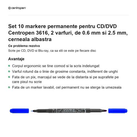 Set 10 markere permanente pentru CD/DVD Centropen 3616, 2 varfuri, de 0.6 mm si 2.5 mm, cerneala albastra [1]