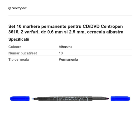 Set 10 markere permanente pentru CD/DVD Centropen 3616, 2 varfuri, de 0.6 mm si 2.5 mm, cerneala albastra [2]