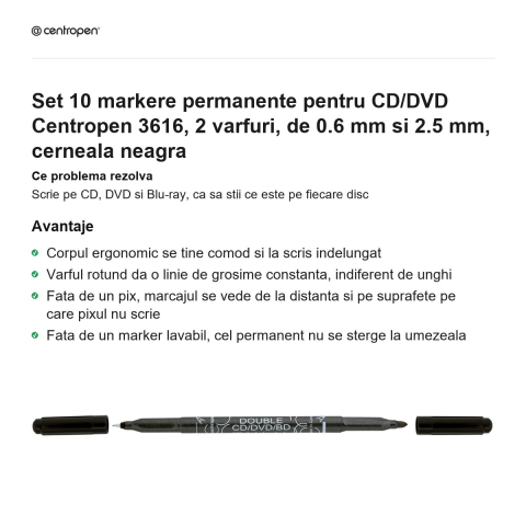 Set 10 markere permanente pentru CD/DVD Centropen 3616, 2 varfuri, de 0.6 mm si 2.5 mm, cerneala neagra [1]