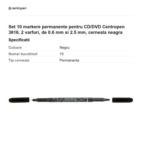 Set 10 markere permanente pentru CD/DVD Centropen 3616, 2 varfuri, de 0.6 mm si 2.5 mm, cerneala neagra [2]