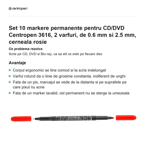 Set 10 markere permanente pentru CD/DVD Centropen 3616, 2 varfuri, de 0.6 mm si 2.5 mm, cerneala rosie [1]