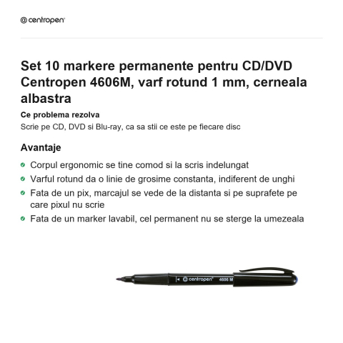 Set 10 markere permanente pentru CD/DVD Centropen 4606M, varf rotund 1 mm, cerneala albastra [1]