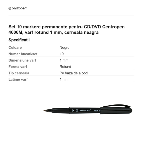 Set 10 markere permanente pentru CD/DVD Centropen 4606M, varf rotund 1 mm, cerneala neagra [2]