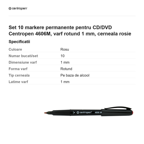 Set 10 markere permanente pentru CD/DVD Centropen 4606M, varf rotund 1 mm, cerneala rosie [2]