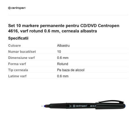 Set 10 markere permanente pentru CD/DVD Centropen 4616, varf rotund 0.6 mm, cerneala albastra [2]