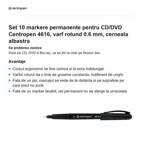 Set 10 markere permanente pentru CD/DVD Centropen 4616, varf rotund 0.6 mm, cerneala albastra [1]