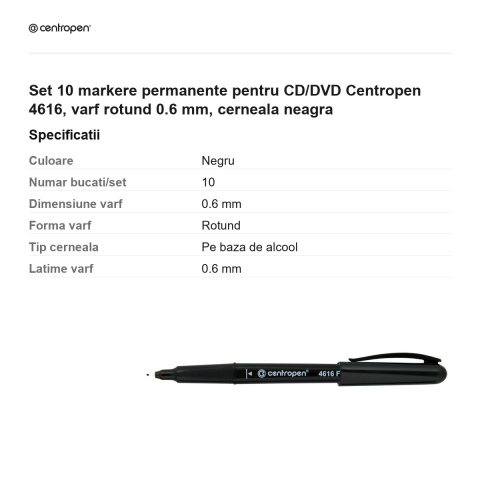Set 10 markere permanente pentru CD/DVD Centropen 4616, varf rotund 0.6 mm, cerneala neagra [2]