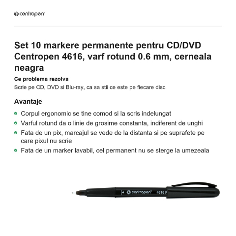 Set 10 markere permanente pentru CD/DVD Centropen 4616, varf rotund 0.6 mm, cerneala neagra [1]