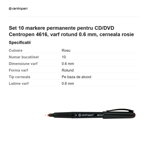 Set 10 markere permanente pentru CD/DVD Centropen 4616, varf rotund 0.6 mm, cerneala rosie [2]