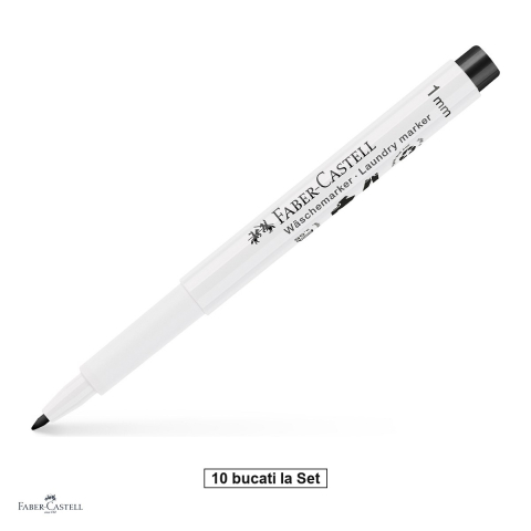 Instrumente de scris - Set 10 markere textile Faber-Castell, varf rotund slim 1 mm, negru, permanent
