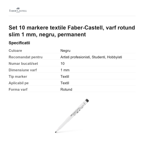 Set 10 markere textile Faber-Castell, varf rotund slim 1 mm, negru, permanent [2]