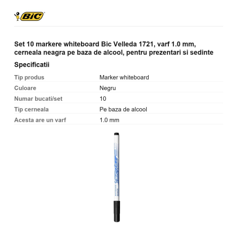 Set 10 markere whiteboard Bic Velleda 1721, varf 1.0 mm, cerneala neagra pe baza de alcool, pentru prezentari si sedinte [2]