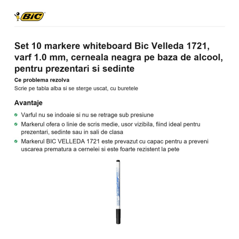 Set 10 markere whiteboard Bic Velleda 1721, varf 1.0 mm, cerneala neagra pe baza de alcool, pentru prezentari si sedinte [1]