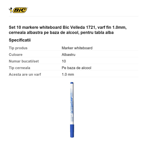 Set 10 markere whiteboard Bic Velleda 1721, varf fin 1.0mm, cerneala albastra pe baza de alcool, pentru tabla alba [2]