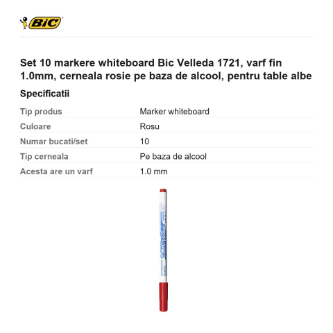 Set 10 markere whiteboard Bic Velleda 1721, varf fin 1.0mm, cerneala rosie pe baza de alcool, pentru table albe [2]