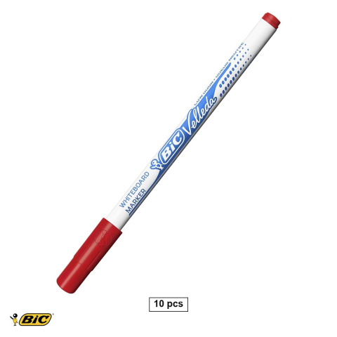 Birotica papetarie - Set 10 markere whiteboard Bic Velleda 1721, varf fin 1.0mm, cerneala rosie pe baza de alcool, pentru table albe