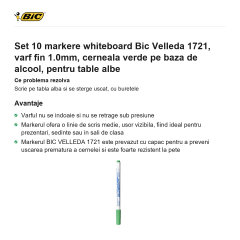 Set 10 markere whiteboard Bic Velleda 1721, varf fin 1.0mm, cerneala verde pe baza de alcool, pentru table albe [1]