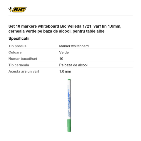Set 10 markere whiteboard Bic Velleda 1721, varf fin 1.0mm, cerneala verde pe baza de alcool, pentru table albe [2]