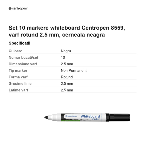 Set 10 markere whiteboard Centropen 8559, varf rotund 2.5 mm, cerneala neagra [2]