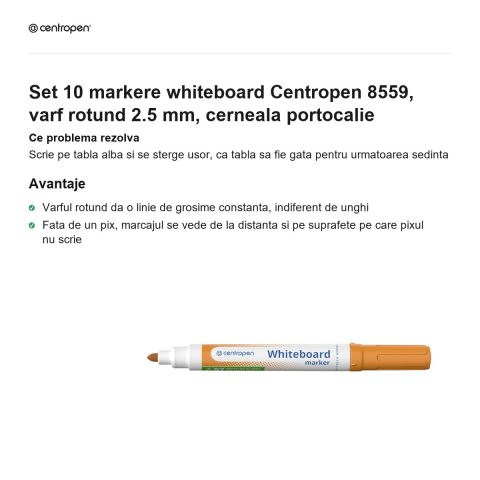 Set 10 markere whiteboard Centropen 8559, varf rotund 2.5 mm, cerneala portocalie [1]