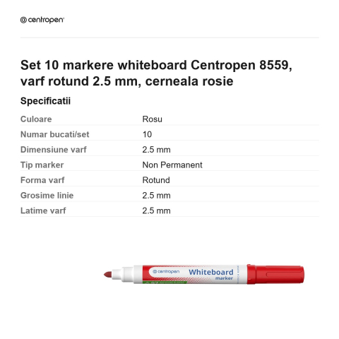 Set 10 markere whiteboard Centropen 8559, varf rotund 2.5 mm, cerneala rosie [2]