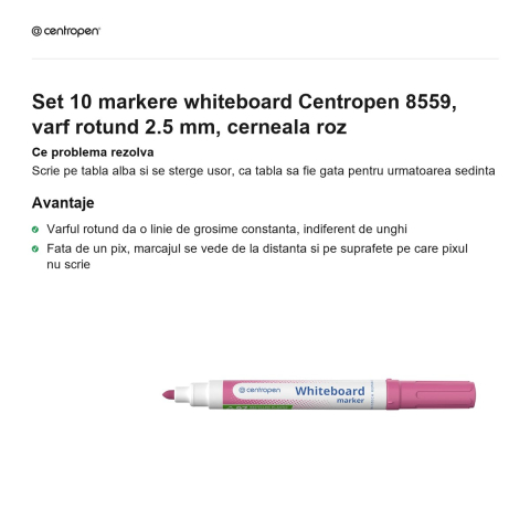 Set 10 markere whiteboard Centropen 8559, varf rotund 2.5 mm, cerneala roz [1]