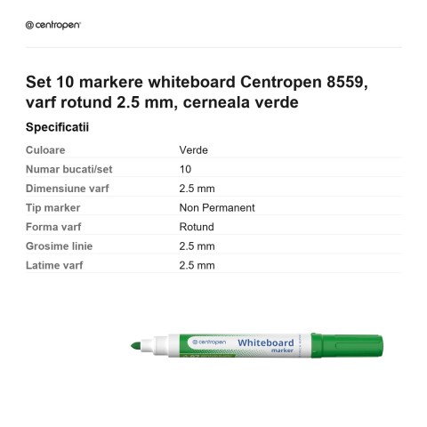 Set 10 markere whiteboard Centropen 8559, varf rotund 2.5 mm, cerneala verde [2]