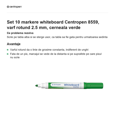 Set 10 markere whiteboard Centropen 8559, varf rotund 2.5 mm, cerneala verde [1]