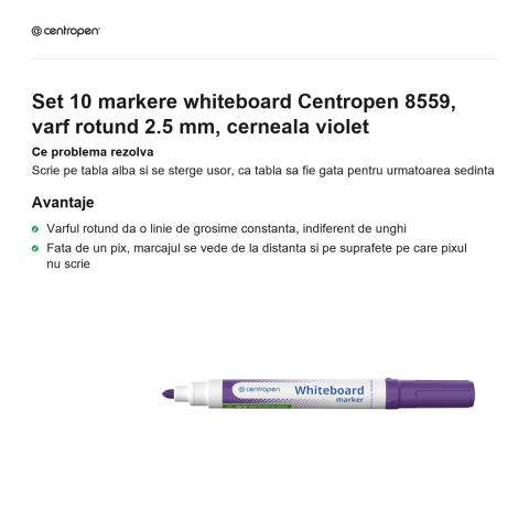 Set 10 markere whiteboard Centropen 8559, varf rotund 2.5 mm, cerneala violet [1]