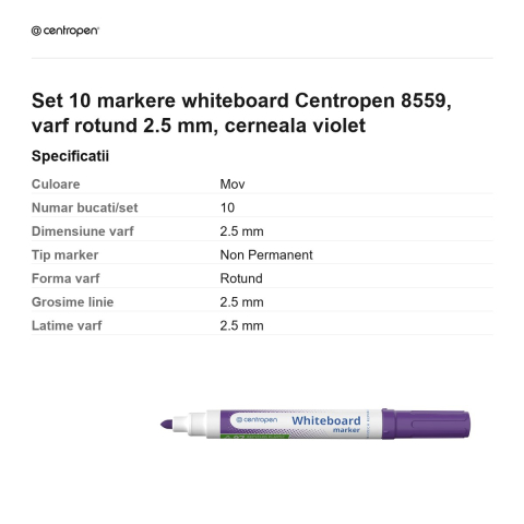 Set 10 markere whiteboard Centropen 8559, varf rotund 2.5 mm, cerneala violet [2]