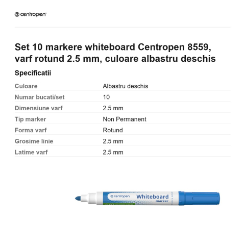 Set 10 markere whiteboard Centropen 8559, varf rotund 2.5 mm, culoare albastru deschis [2]