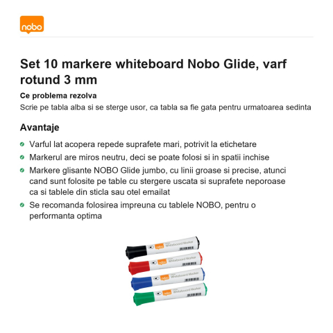 Set 10 markere whiteboard Nobo Glide, varf rotund 3 mm [1]