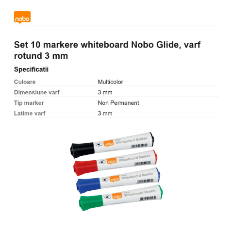 Set 10 markere whiteboard Nobo Glide, varf rotund 3 mm [2]
