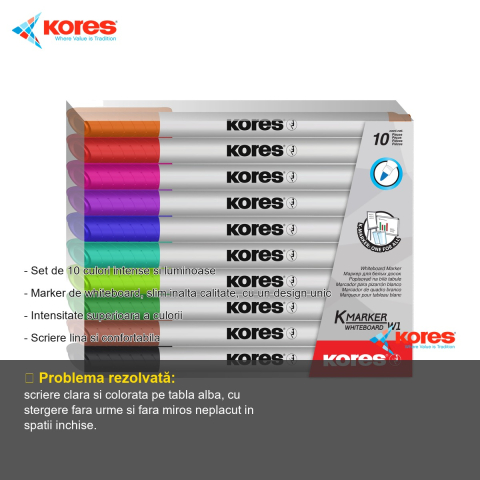 Set 10 markere whiteboard slim Kores, culori intense, scriere lina pentru table albe [1]