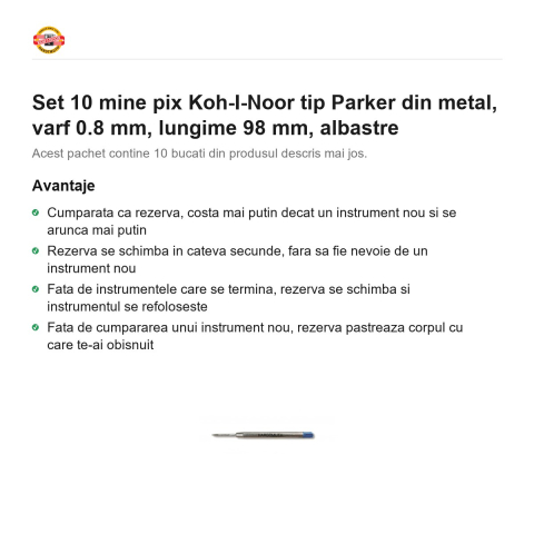 Set 10 mine pix Koh-I-Noor tip Parker din metal, varf 0.8 mm, lungime 98 mm, albastre [1]