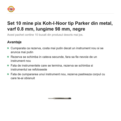Set 10 mine pix Koh-I-Noor tip Parker din metal, varf 0.8 mm, lungime 98 mm, negre [1]