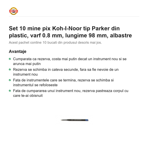 Set 10 mine pix Koh-I-Noor tip Parker din plastic, varf 0.8 mm, lungime 98 mm, albastre [1]