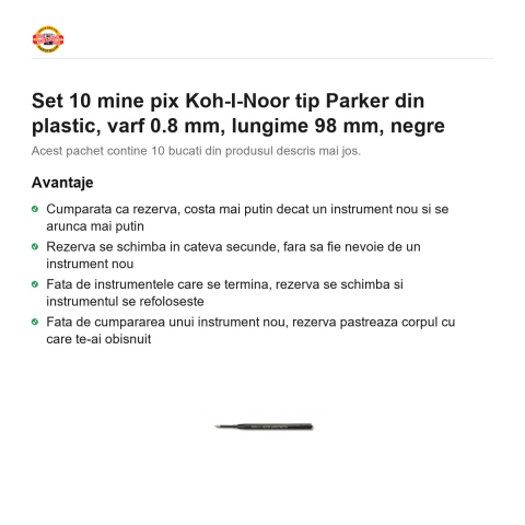 Set 10 mine pix Koh-I-Noor tip Parker din plastic, varf 0.8 mm, lungime 98 mm, negre [1]