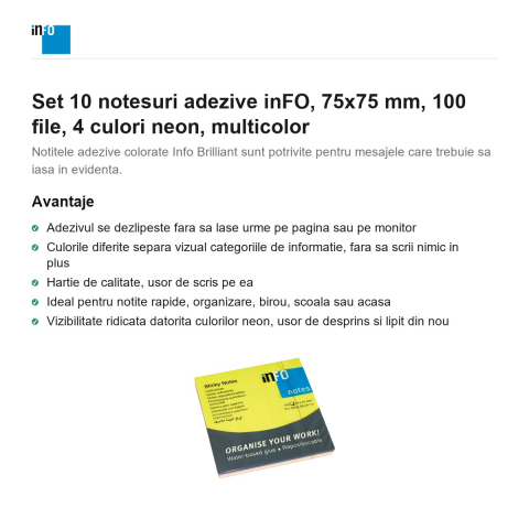 Set 10 notesuri adezive inFO, 75x75 mm, 100 file, 4 culori neon, multicolor [1]