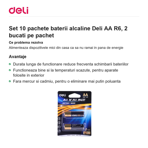 Set 10 pachete baterii alcaline Deli AA R6, 2 bucati pe pachet [1]