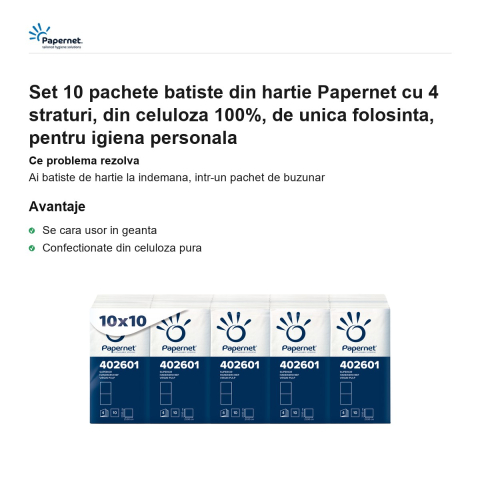 Set 10 pachete batiste din hartie Papernet cu 4 straturi, din celuloza 100%, de unica folosinta, pentru igiena personala [1]