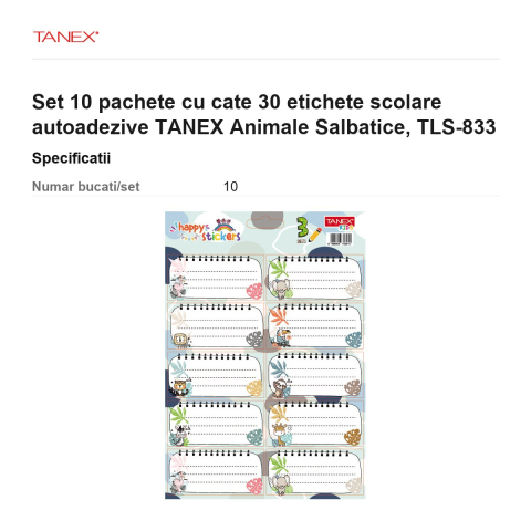 Set 10 pachete cu cate 30 etichete scolare autoadezive TANEX Animale Salbatice, TLS-833 [2]
